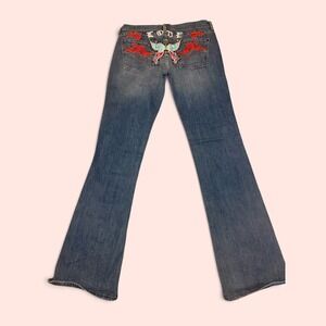 People for Peace Embroidered Flare Jeans Studded Love Y2K Denim Size 29 1038TG